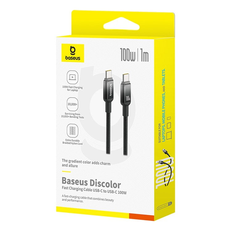 BASEUS Discolor Series 1m Fast Charging Cable USB-C to USB-C 100W Nylon Braided Data Cord - Black