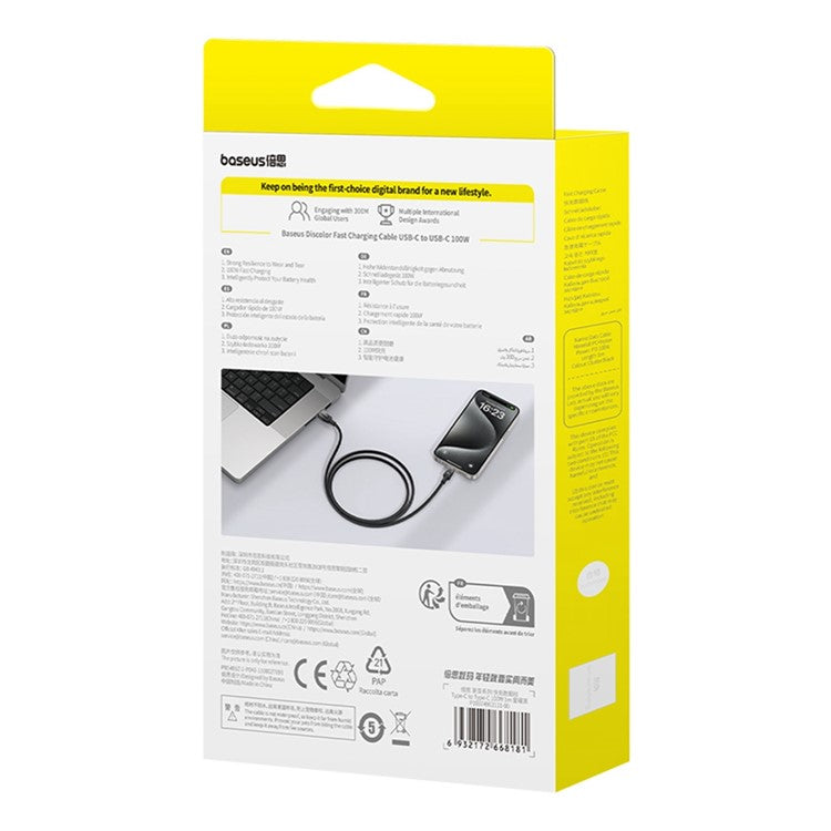 BASEUS Discolor Series 1m Fast Charging Cable USB-C to USB-C 100W Nylon Braided Data Cord - Black