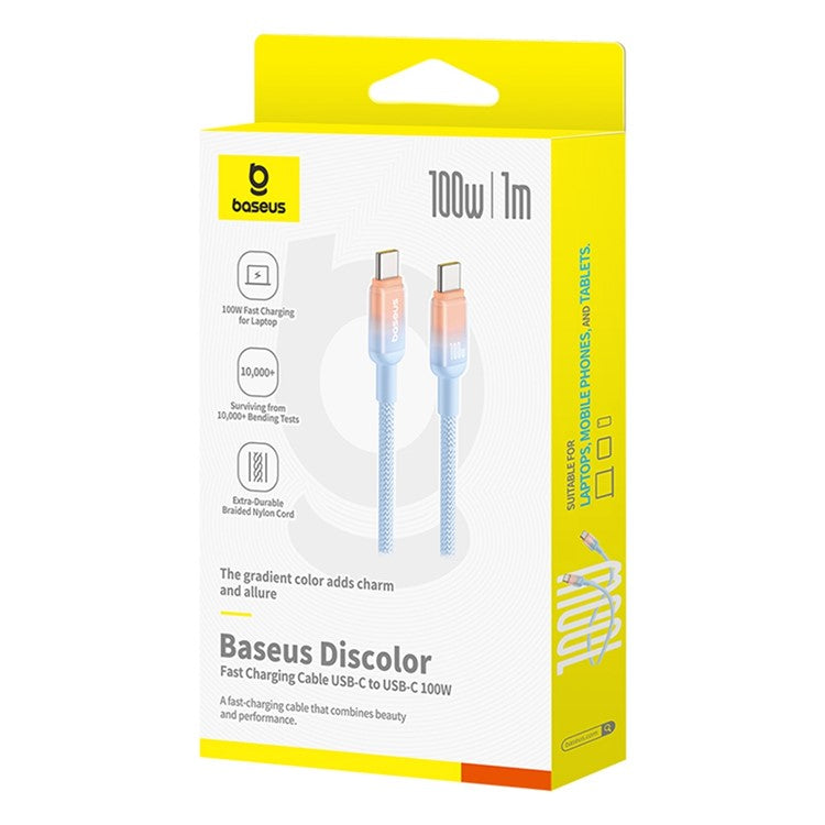 BASEUS Discolor Series 1m Fast Charging Cable USB-C to USB-C 100W Nylon Braided Data Cord - Blue
