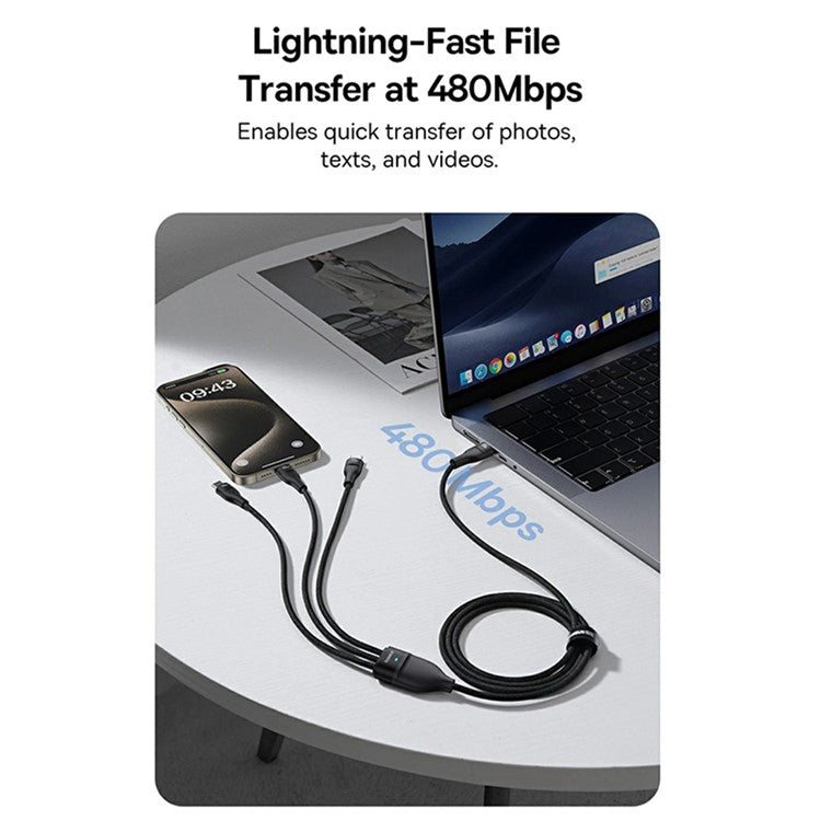 BASEUS Flash Series Lll 1.5m One-For-Three 100W Fast Charging Cable USB-C to 3x Type-C Data Wire - Black