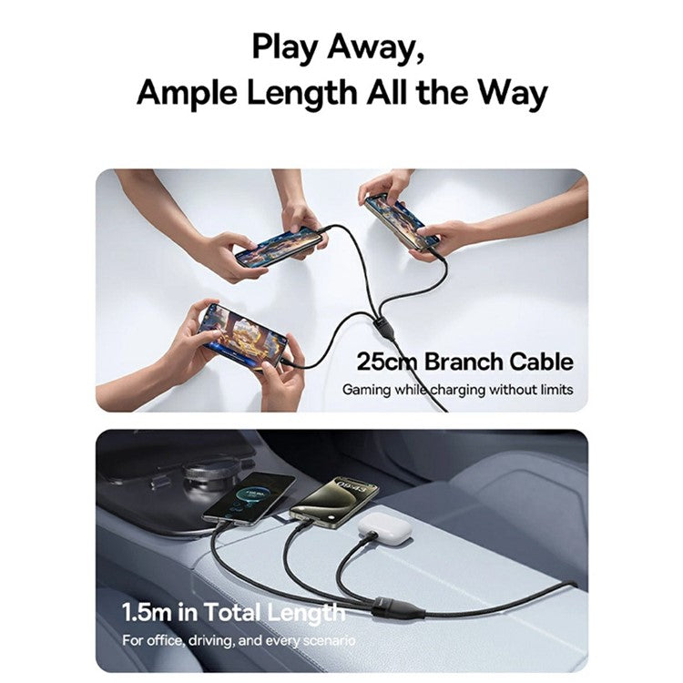 BASEUS Flash Series Lll 1.5m One-For-Three 100W Fast Charging Cable USB-C to 3x Type-C Data Wire - Black