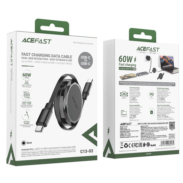 ACEFAST C13-03 0.8m USB-C to USB-C 60W Charging Cable Dual-Way Retractable Data Cable