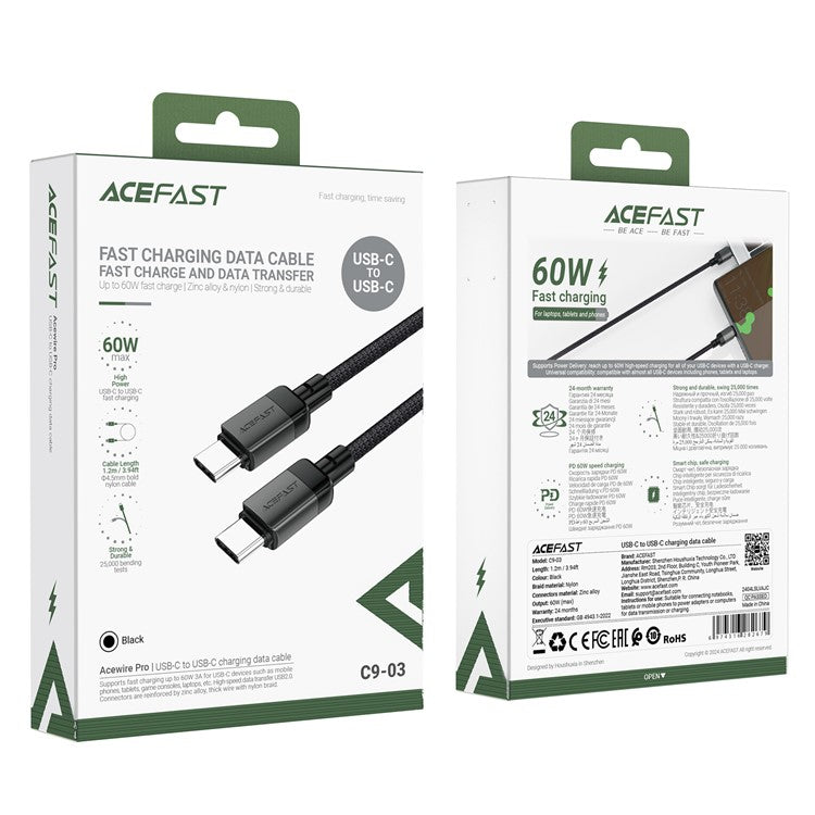 ACEFAST C9-03 1.2m USB-C to USB-C 60W Fast Charging Cable Data Transmission Braided Cable