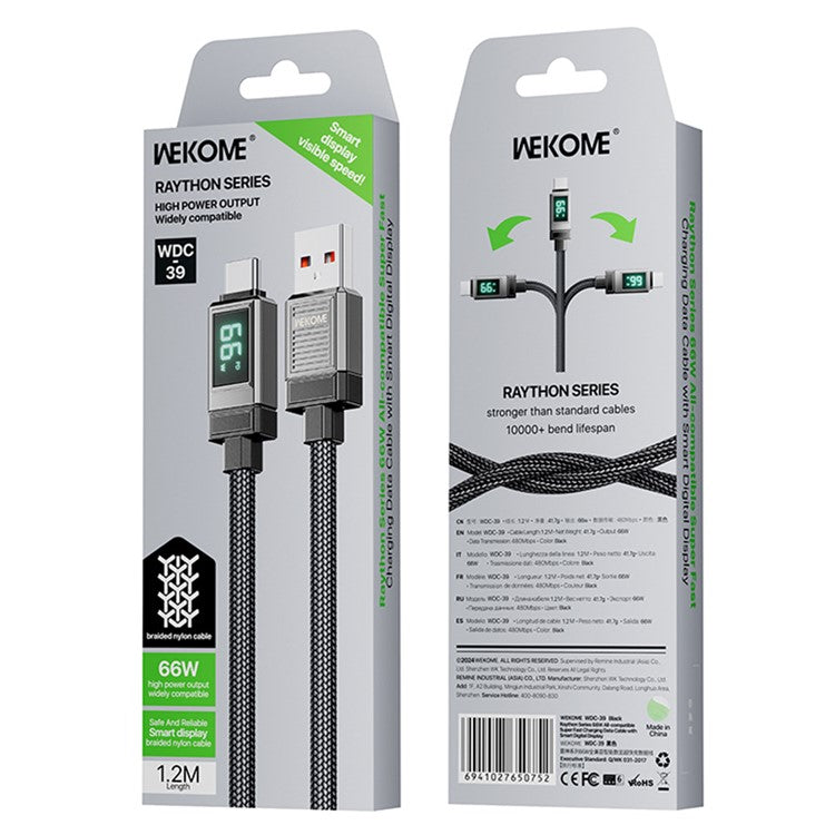 WEKOME WDC-39 Raython Series USB to Type-C 66W Super Fast Charging Data Cable with Smart Digital Display