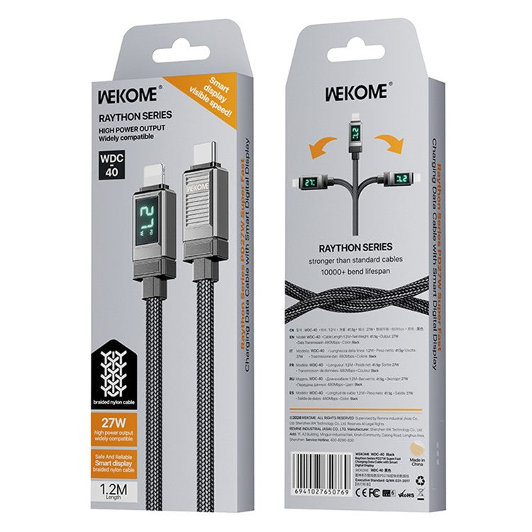 WEKOME WDC-40 Raython Series Type-C to Lightning PD 27W Super Fast Charging Data Cable with Smart Digital Display