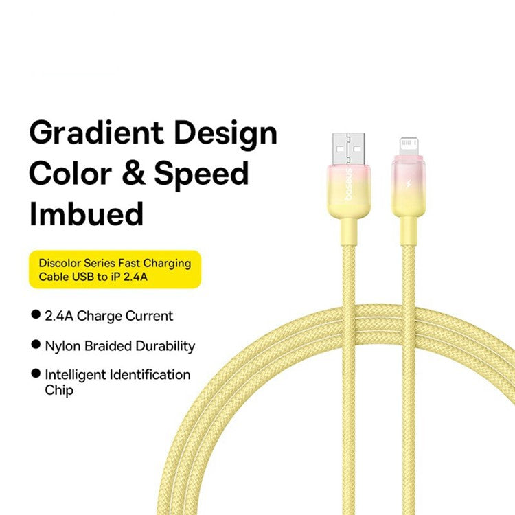 BASEUS Discolor Series 1m Fast Charging Cable USB-A to iP 2.4A Nylon Braided Data Cord - Yellow