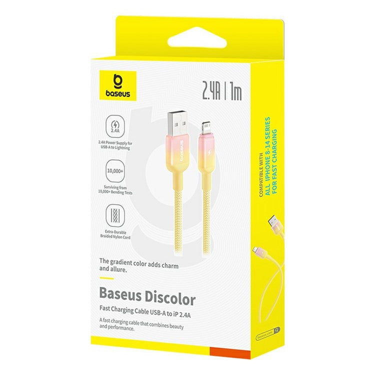 BASEUS Discolor Series 1m Fast Charging Cable USB-A to iP 2.4A Nylon Braided Data Cord - Yellow