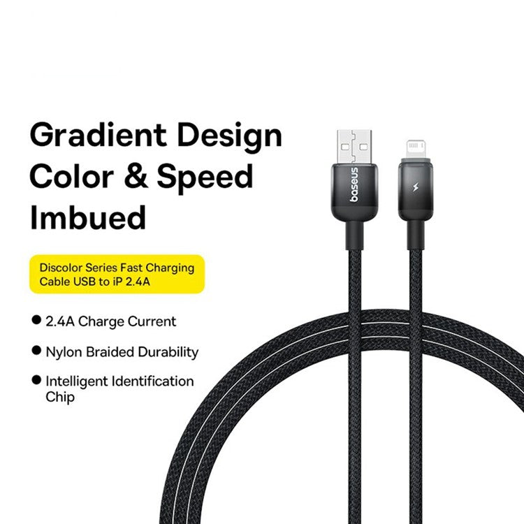 BASEUS Discolor Series 1m Fast Charging Cable USB-A to iP 2.4A Nylon Braided Data Cord - Black
