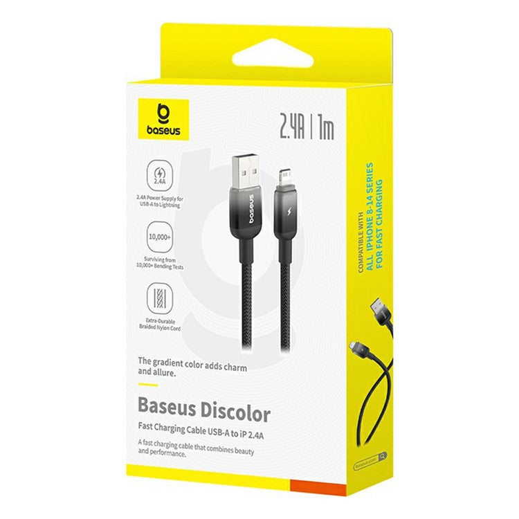 BASEUS Discolor Series 1m Fast Charging Cable USB-A to iP 2.4A Nylon Braided Data Cord - Black