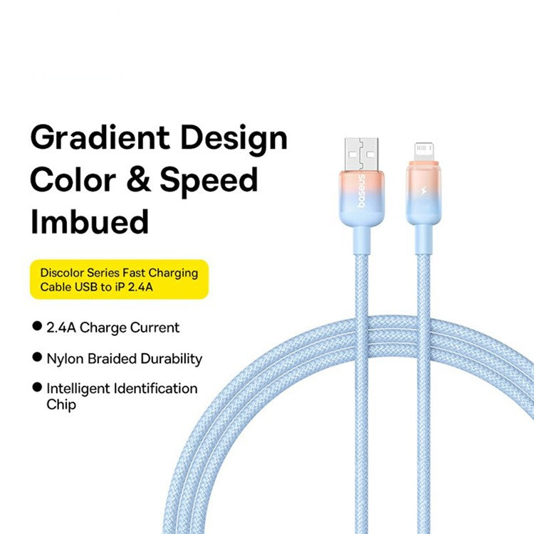 BASEUS Discolor Series 1m Fast Charging Cable USB-A to iP 2.4A Nylon Braided Data Cord - Blue