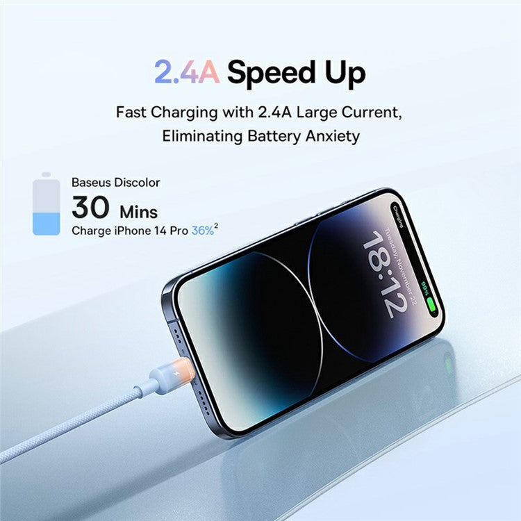 BASEUS Discolor Series 1m Fast Charging Cable USB-A to iP 2.4A Nylon Braided Data Cord - Blue