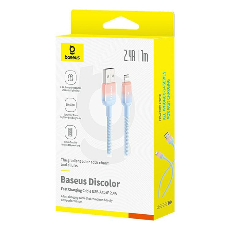 BASEUS Discolor Series 1m Fast Charging Cable USB-A to iP 2.4A Nylon Braided Data Cord - Blue