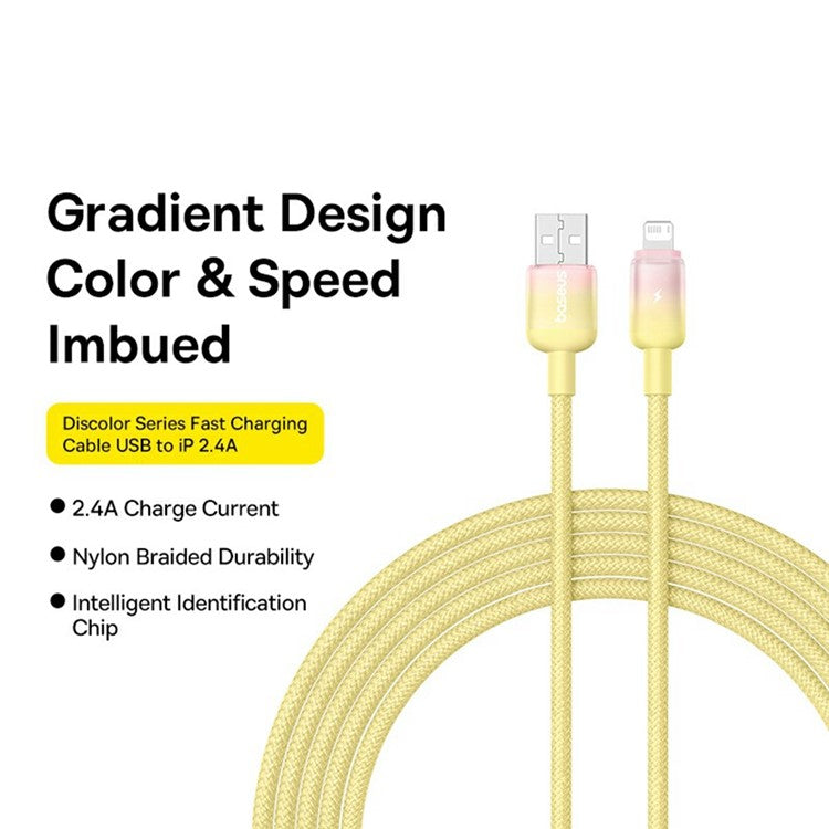 BASEUS Discolor Series 2m Fast Charging Cable USB-A to iP 2.4A Nylon Braided Data Cord - Yellow