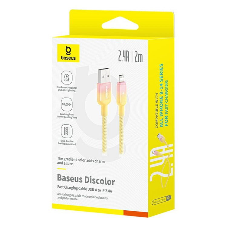 BASEUS Discolor Series 2m Fast Charging Cable USB-A to iP 2.4A Nylon Braided Data Cord - Yellow