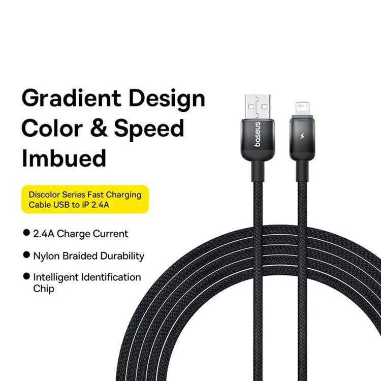BASEUS Discolor Series 2m Fast Charging Cable USB-A to iP 2.4A Nylon Braided Data Cord - Black