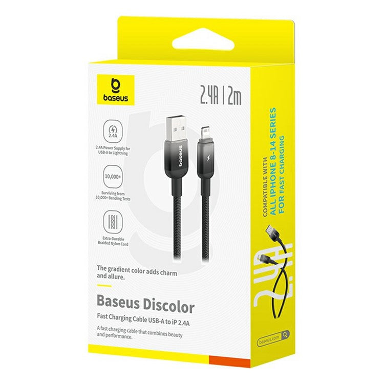 BASEUS Discolor Series 2m Fast Charging Cable USB-A to iP 2.4A Nylon Braided Data Cord - Black