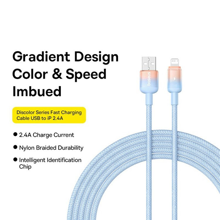 BASEUS Discolor Series 2m Fast Charging Cable USB-A to iP 2.4A Nylon Braided Data Cord - Blue