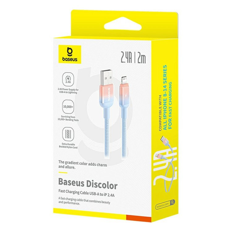 BASEUS Discolor Series 2m Fast Charging Cable USB-A to iP 2.4A Nylon Braided Data Cord - Blue