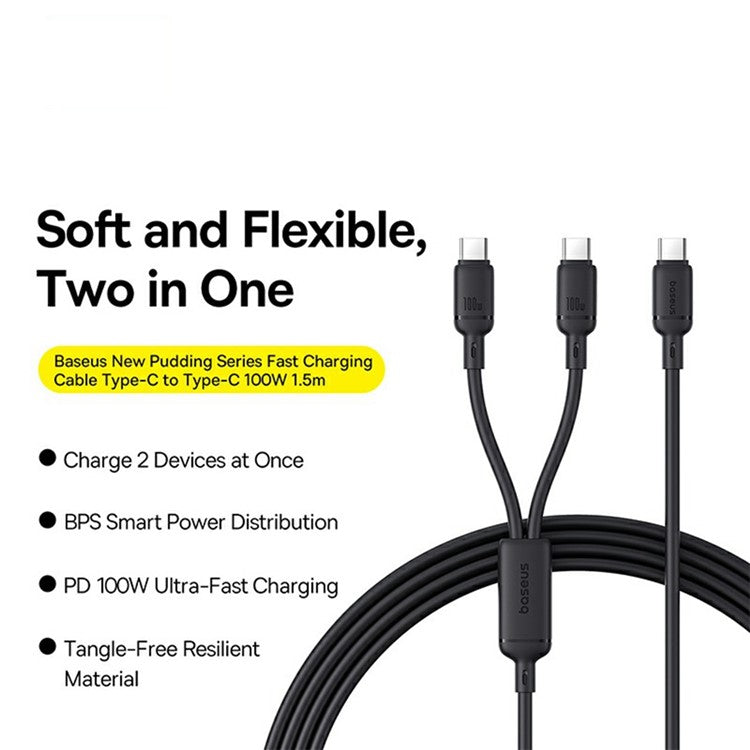 BASEUS New Pudding Series 1.5m Type-C to 2x USB-C 100W Fast Charging Cable Data Wire - Black