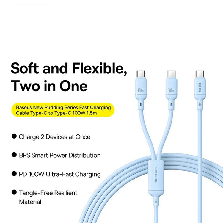 BASEUS New Pudding Series 1.5m Type-C to 2x USB-C 100W Fast Charging Cable Data Wire - Blue