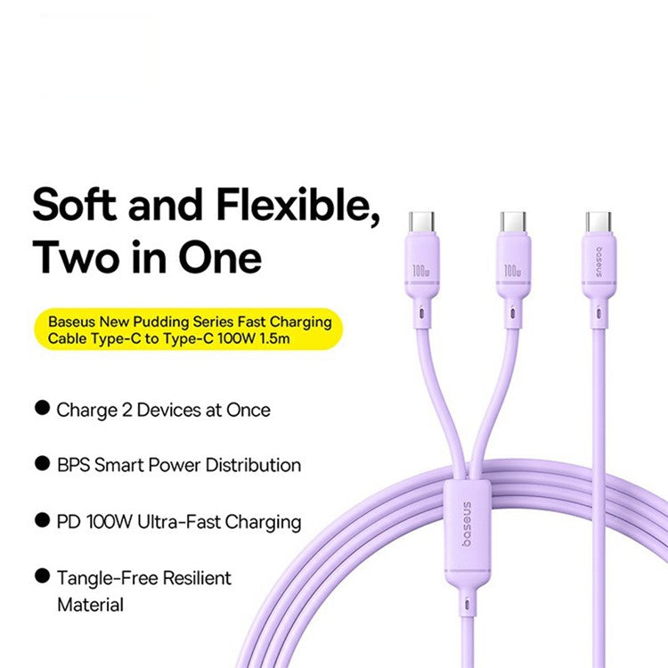 BASEUS New Pudding Series 1.5m Type-C to 2x USB-C 100W Fast Charging Cable Data Wire - Purple