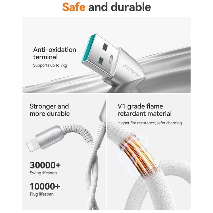 JOYROOM S-A51 1.2m USB-A to Lightning 3A Fast Charging Cable Braided Data Cord - Light Grey