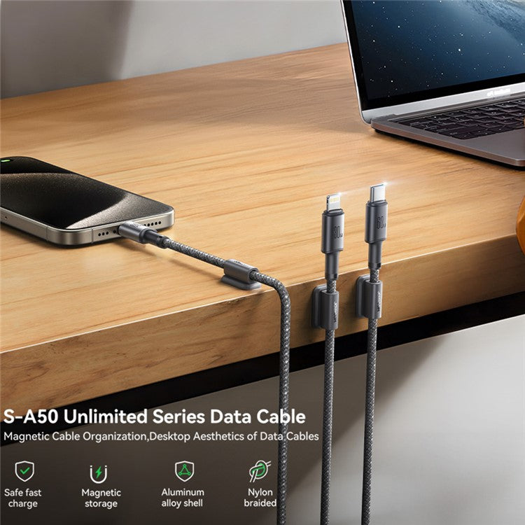 JOYROOM S-A50 1.2m Type-C to Lightning 30W Fast Charging Data Cable with Magnetic Cable Holder - Dark Grey