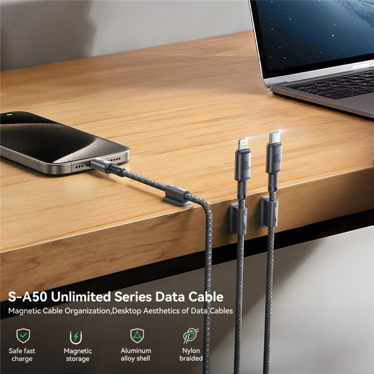JOYROOM S-A50 1.2m USB-A to Lightning 3A Fast Charging Data Cable with Magnetic Cable Holder - Dark Grey