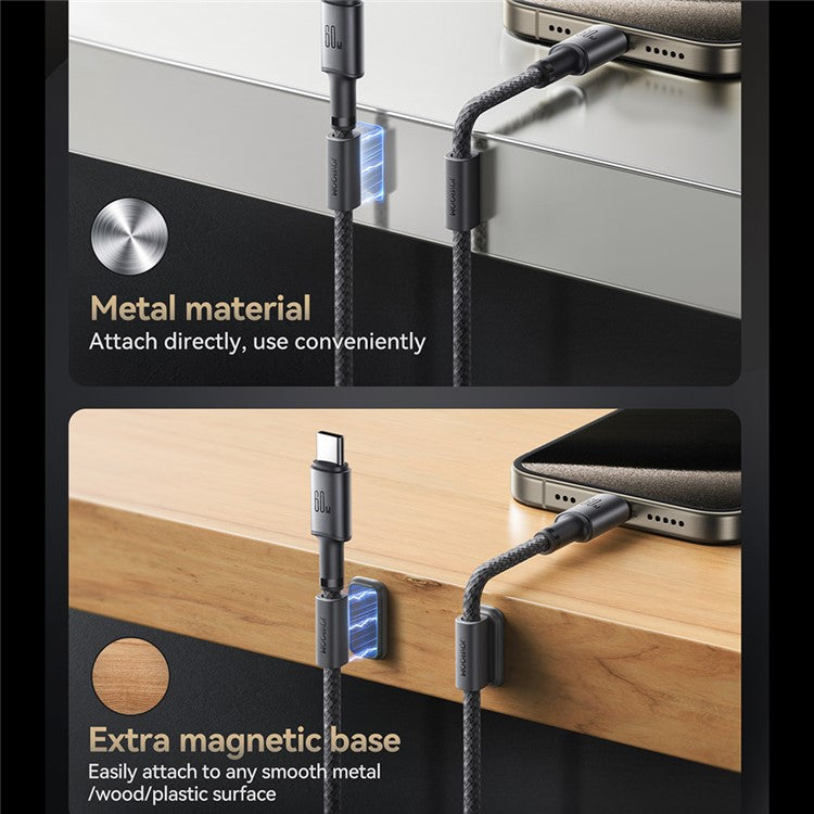 JOYROOM S-A50 1.2m Type-C to Type-C 60W Fast Charging Data Cable with Magnetic Cable Holder for iPhone 16-15 Series - Dark Grey