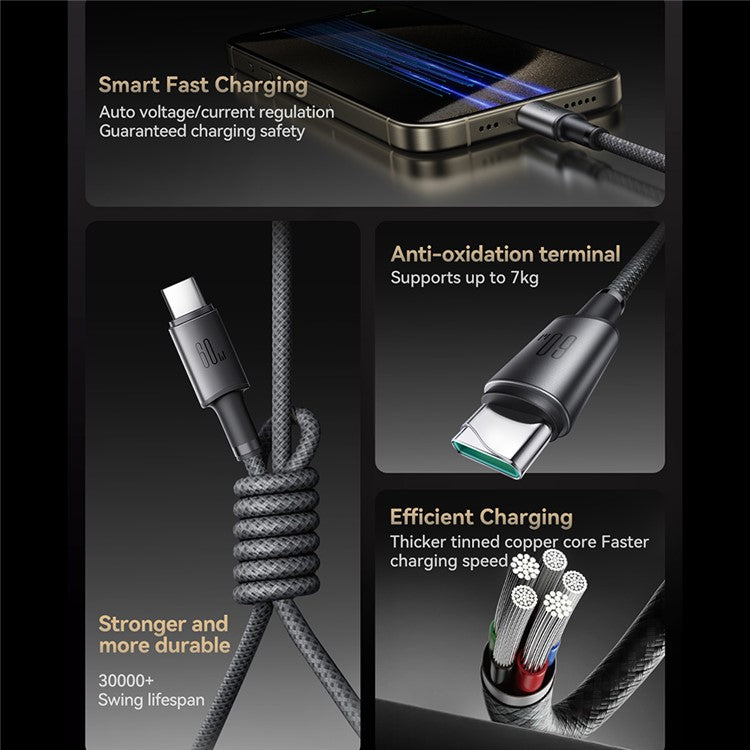 JOYROOM S-A50 1.2m Type-C to Type-C 60W Fast Charging Data Cable with Magnetic Cable Holder for iPhone 16-15 Series - Dark Grey