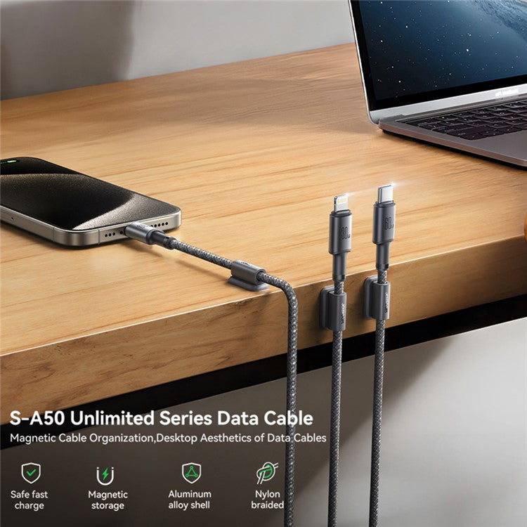 JOYROOM S-A50 1.2m USB-A to Type-C 3A Fast Charging Data Cable with Magnetic Cable Holder for iPhone 16-15 Series - Dark Grey