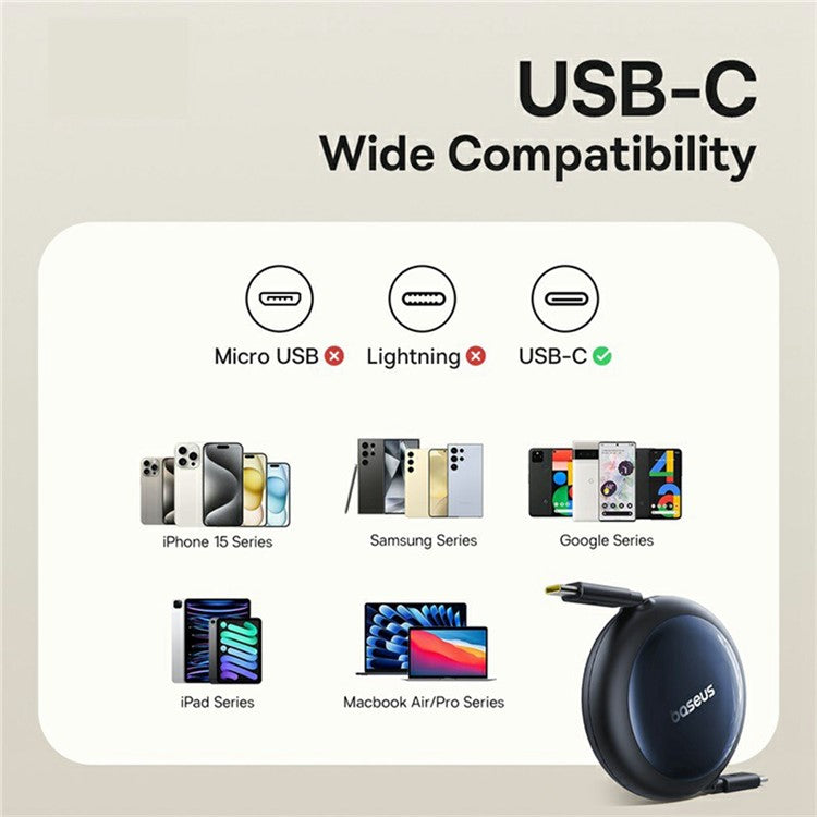 BASEUS Nomos USB-C to USB-C Retractable 100W Fast Charging Cable 1.5m, Black