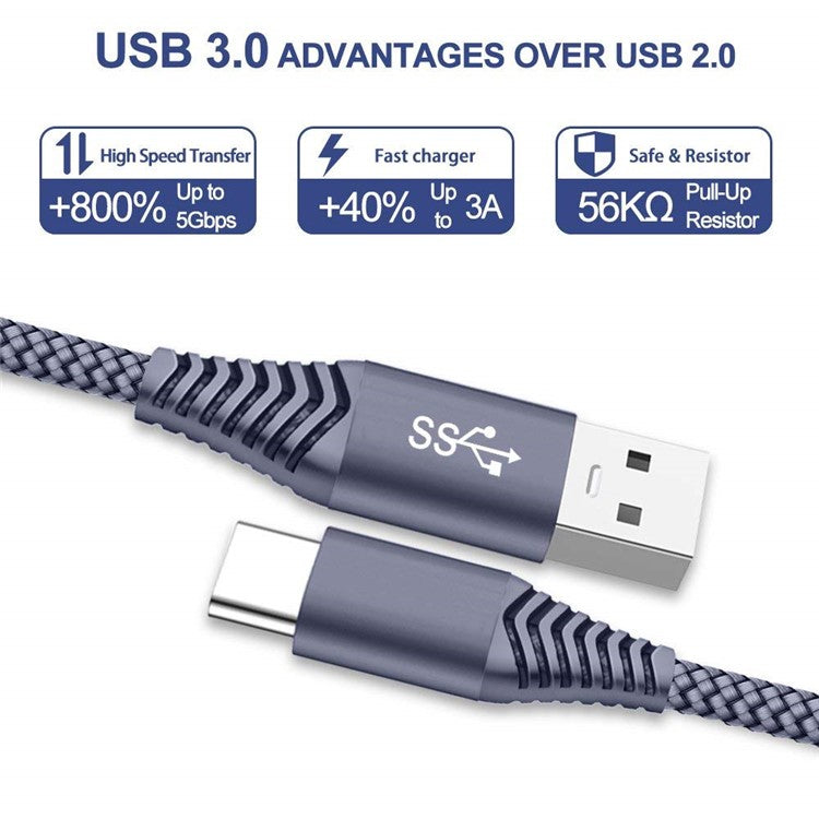 For iPhone 15 Series USB 3.0 to USB-C Fast Charging Nylon Braid Charging Cable, 1.2m - Grey