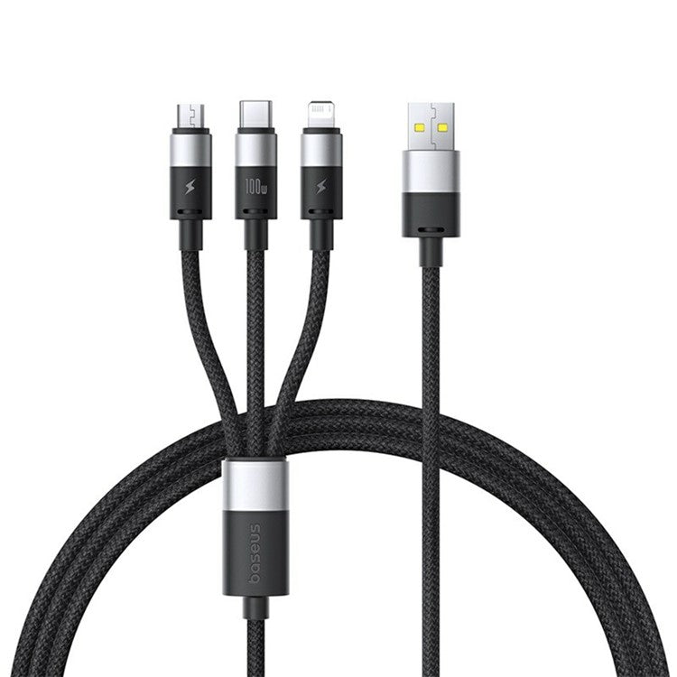 BASEUS Starspeed One-For-Three USB-A to Type-C+Ip+Micro 100W Fast Charging Cable Compatible with 7.5W - Black