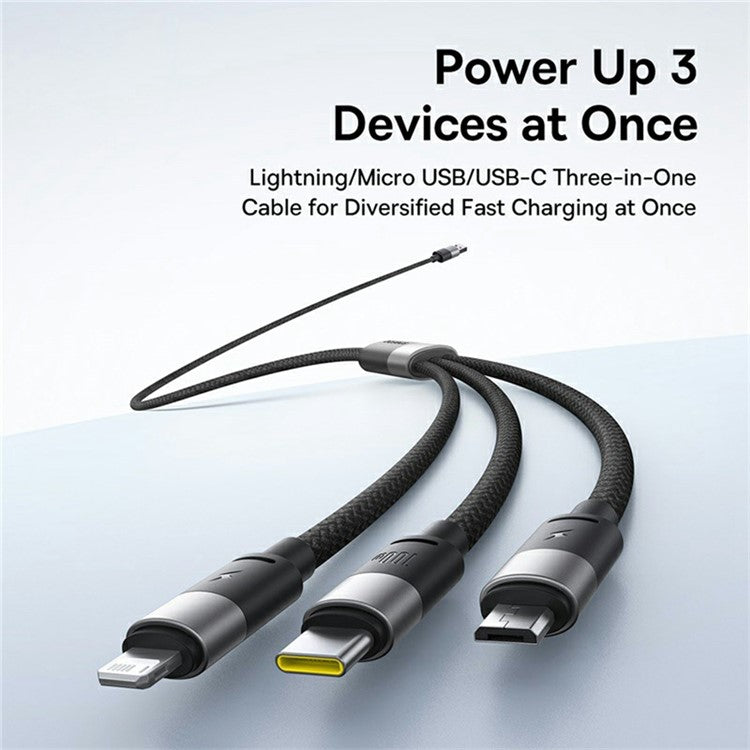 BASEUS Starspeed One-For-Three USB-A to Type-C+Ip+Micro 100W Fast Charging Cable Compatible with 7.5W - Black