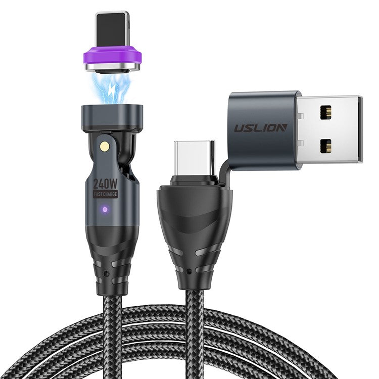 USLION US0204 1.8m USB / Type-C 2 to 1 Data Cable 180-Degree Rotation 240W Magnetic Charging Cable - iP