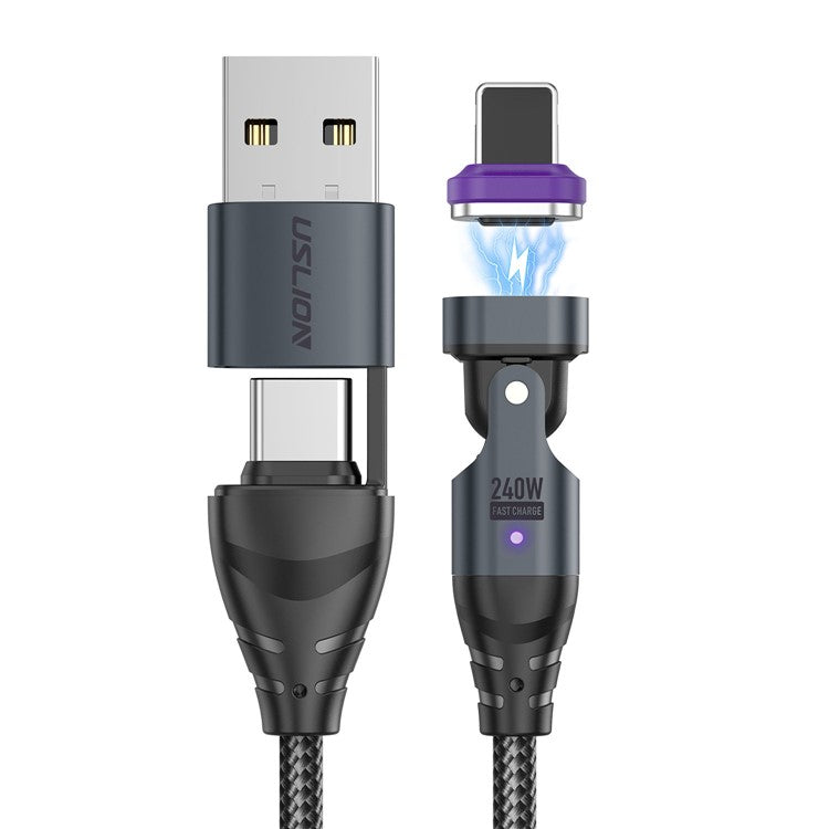 USLION US0204 1m USB / Type-C 2 to 1 Data Cable 180-Degree Rotation 240W Magnetic Charging Cable - iP