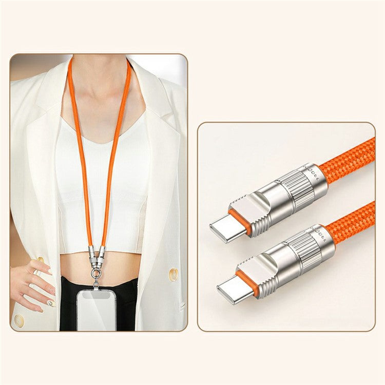90cm 2-in-1 PD 66W Type-C Charging Cable Cell Phone Neck Lanyard Data Cable with Zinc Alloy Buckle, Tether Tab - Orange