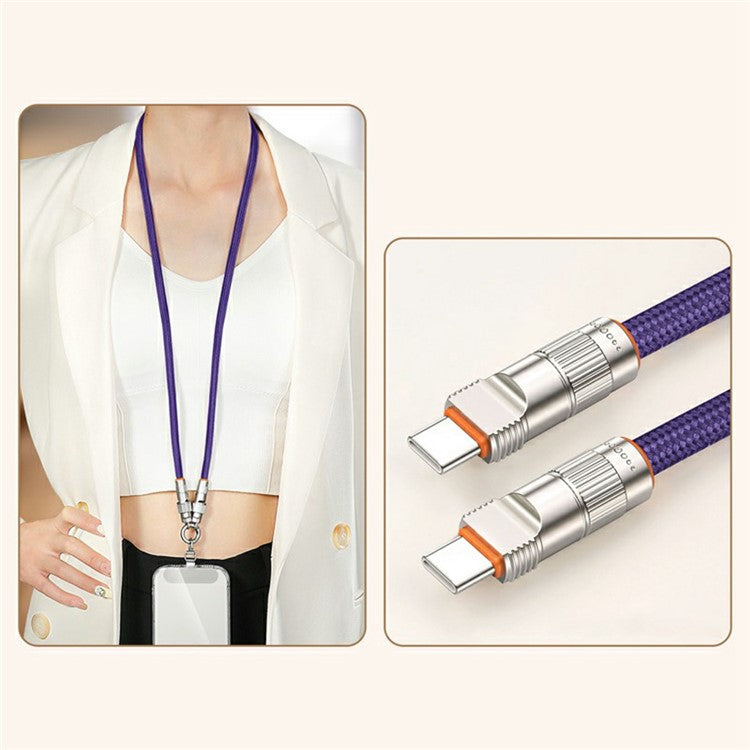 90cm 2-in-1 PD 66W Type-C Charging Cable Cell Phone Neck Lanyard Data Cable with Zinc Alloy Buckle, Tether Tab - Dark Purple