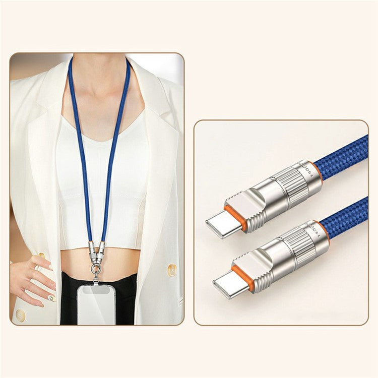 90cm 2-in-1 PD 66W Type-C Charging Cable Cell Phone Neck Lanyard Data Cable with Zinc Alloy Buckle, Tether Tab - Sapphire