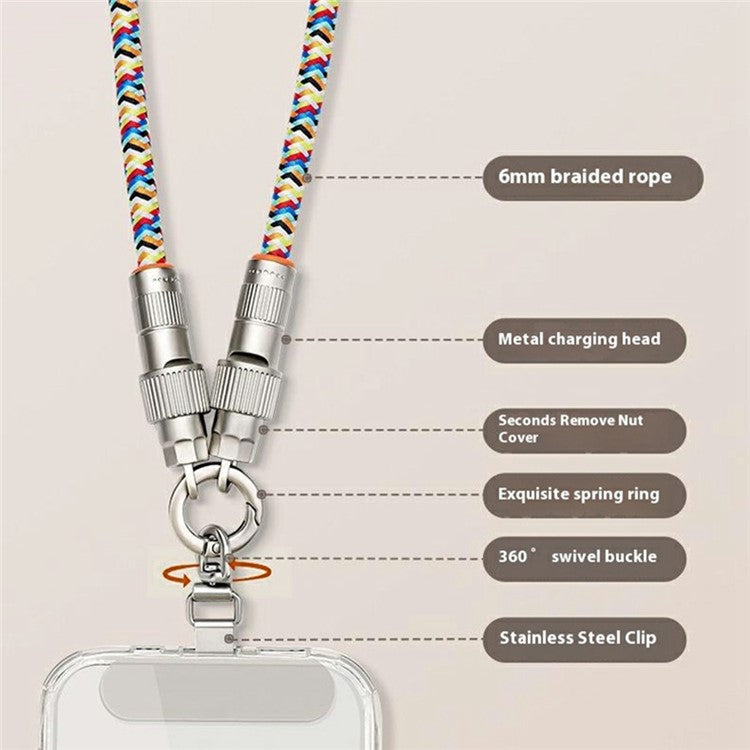 120cm 2-in-1 PD 66W Type-C Charging Cable Cell Phone Crossbody Lanyard Data Cable with Zinc Alloy Buckle, Tether Tab - Orange