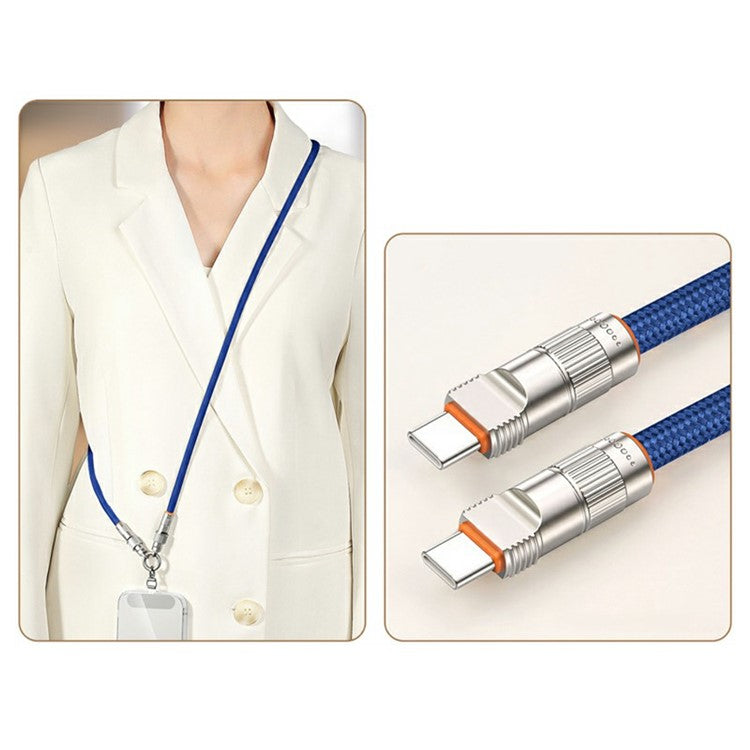 120cm 2-in-1 PD 66W Type-C Charging Cable Cell Phone Crossbody Lanyard Data Cable with Zinc Alloy Buckle, Tether Tab - Sapphire