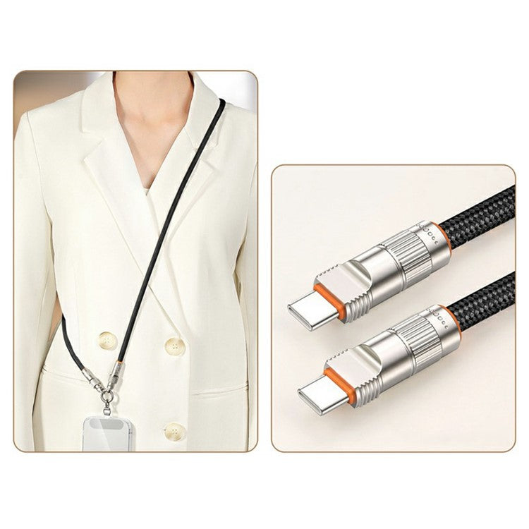 120cm 2-in-1 PD 66W Type-C Charging Cable Cell Phone Crossbody Lanyard Data Cable with Zinc Alloy Buckle, Tether Tab - Black