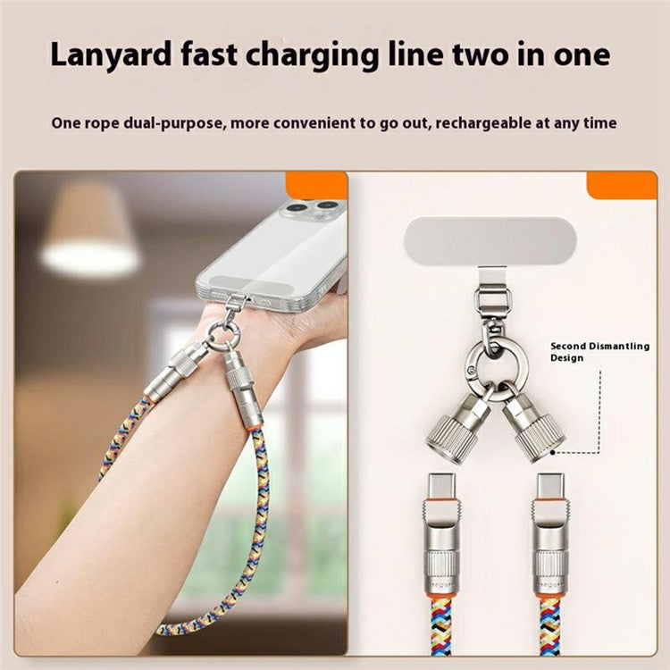 120cm 2-in-1 PD 66W Type-C Charging Cable Cell Phone Crossbody Lanyard Data Cable with Zinc Alloy Buckle, Tether Tab - Black