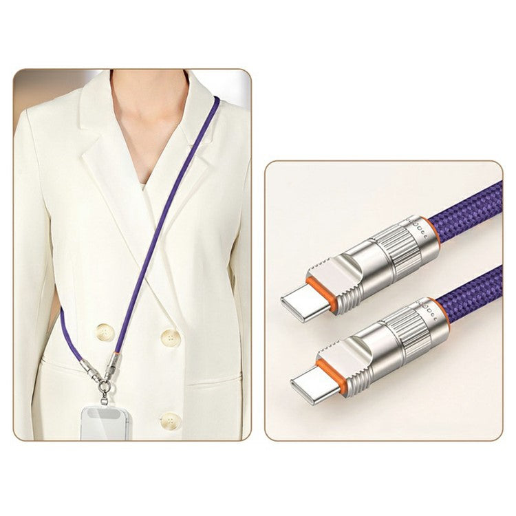 120cm 2-in-1 PD 66W Type-C Charging Cable Cell Phone Crossbody Lanyard Data Cable with Zinc Alloy Buckle, Tether Tab - Dark Purple
