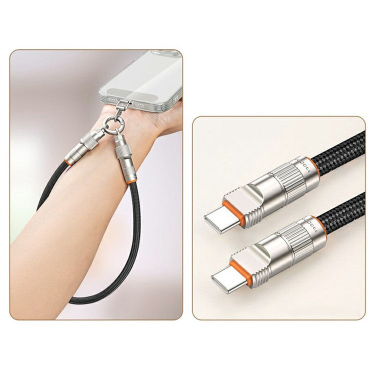 30cm 2-in-1 PD 66W Type-C Charging Cable Cell Phone Wrist Strap Data Cable with Zinc Alloy Buckle, Tether Tab - Black