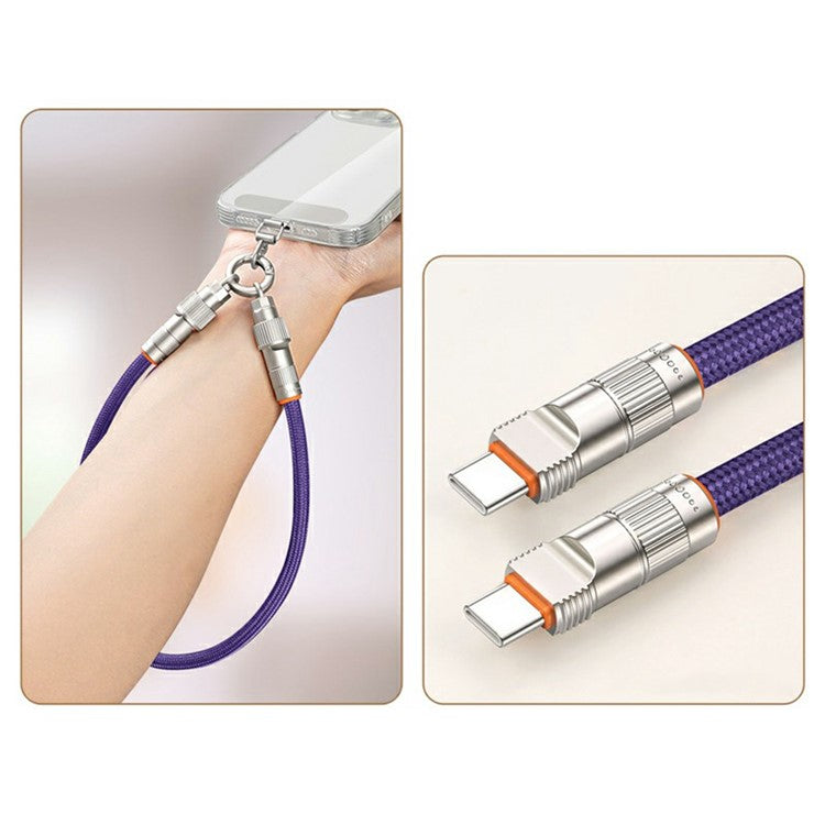 30cm 2-in-1 PD 66W Type-C Charging Cable Cell Phone Wrist Strap Data Cable with Zinc Alloy Buckle, Tether Tab - Dark Purple