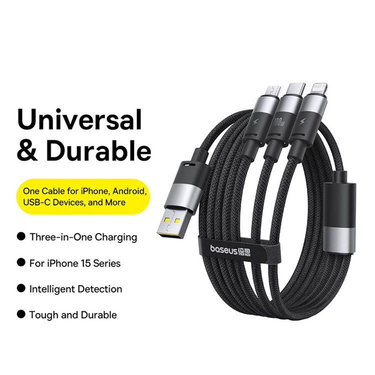 BASEUS Starspeed One-For-Three Fast Charging Cable USB-A to Type-C+Lightning+Micro Compatible with 100W / 18W - Black