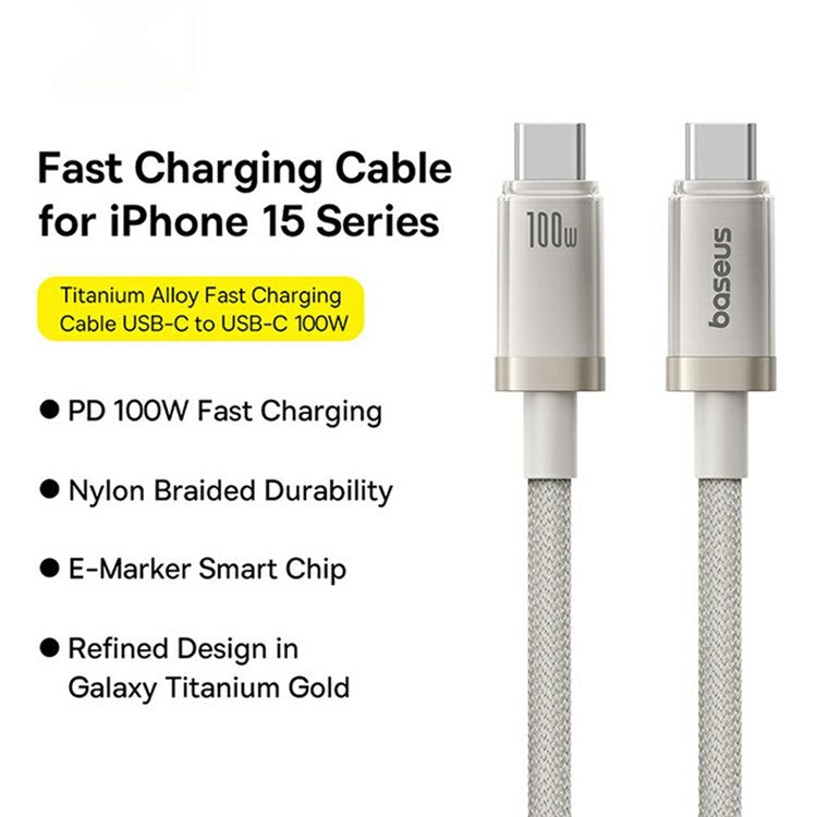 BASEUS 1m Titanium Alloy Fast Charging Cable USB-C to USB-C 100W Nylon Braided Wire
