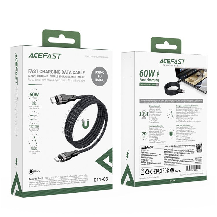 ACEFAST C11-03 1.2m USB-C to USB-C 60W Fast Charging Cable Magnetic Braided Data Cord